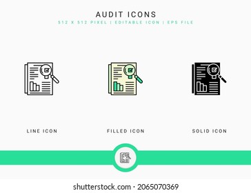 Audit icons set vector illustration with solid icon line style. Financial overview control concept. Editable stroke icon on isolated background for web design, infographic and UI mobile app.