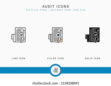 Audit icons set vector illustration with solid icon line style. Financial overview control concept. Editable stroke icon on isolated background for web design, infographic and UI mobile app.