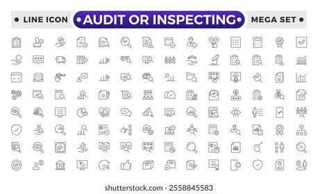 Audit or Inspecting icons set in thin line design. Pack of inspection, hire, calculation money, coaching, protection, cooperation, success, task, and other pictograms outline icons.
