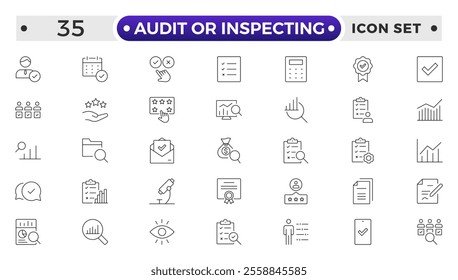 Audit or Inspecting icons set in thin line design. Pack of inspection, hire, calculation money, coaching, protection, cooperation, success, task, and other pictograms outline icons.
