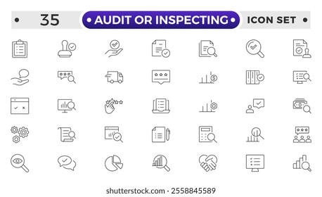 Audit or Inspecting icons set in thin line design. Pack of inspection, hire, calculation money, coaching, protection, cooperation, success, task, and other pictograms outline icons.
