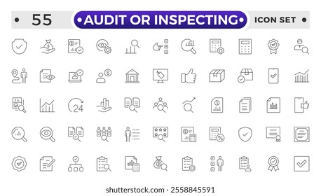 Audit or Inspecting icons set in thin line design. Pack of inspection, hire, calculation money, coaching, protection, cooperation, success, task, and other pictograms outline icons.
