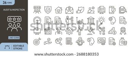 Audit and Inspection icons set. Includes icons for checklist, report, magnifying glass, verification, compliance, quality control, analysis, document, approval, and review. Editable stroke. 