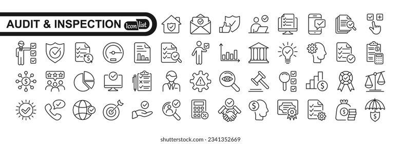 Conjunto de iconos de los trazos de contorno de auditoría e inspección. Examen, ensayo, control de calidad, control, inspección, recogida. Ilustración vectorial.