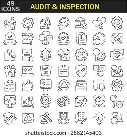 Audit and inspection outline stroke icons set.editable stroke icon. Examination, testing, quality control, check, inspect, collection etc. Vector illustration. EPS10