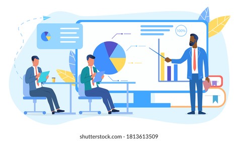 Audit learning and teaching concept with lecturer giving a presentation on statistical charts to two business colleagues, colored vector illustration