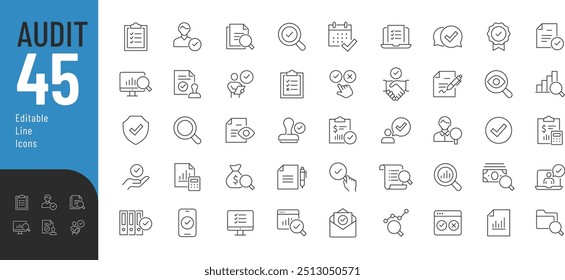 Linha de auditoria: conjunto de ícones editáveis. Ilustração vetorial em linha fina estilo moderno de ícones relacionados com inspeção: documentação, auditor, marca de verificação e muito mais. Isolado no branco