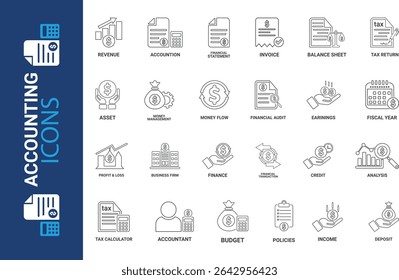 Audit Line Editable Icons set, Line art icons, Vector illustration in thin line modern style of inspection-related icons: documentation, auditor, Audit icon set. Accounting line icons collection.