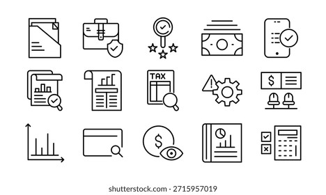 Conjunto de iconos de línea de auditoría. Revisión financiera, contabilidad, conformidad, informe, lista de comprobación, evaluación de riesgos, verificación, análisis, Ilustración vectorial, íconos de negocio. Trazo de píxel perfecto