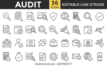 Symbolsatz Überwachungszeile Pixel perfect und Outline Editable Stroke Icons Sammlung für Inspektion, Finanzprüfung, Dokumentenanalyse, Audit Assessment, Risikobeurteilung, Audit Reports, Qualitätskontrolle