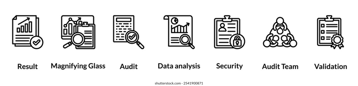 Audit line icon set. result, magnifying glass, audit, data analysis, security, audit team, validation