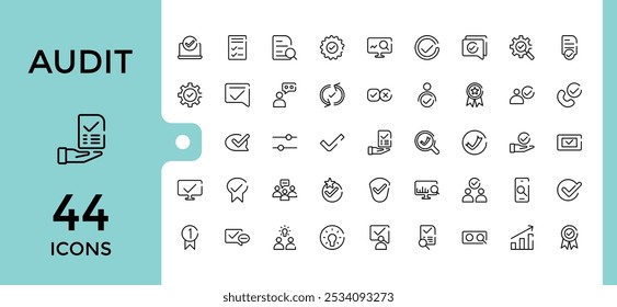 Ícones de linha de auditoria definidos. Contendo relatório, conformidade, finanças, contabilidade, análise e mais símbolos. Coleção de vetores de linha. Traçado e pixel editáveis perfeitos.