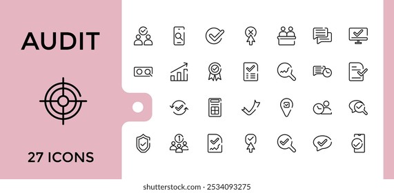 Ícones de linha de auditoria definidos. Contendo relatório, conformidade, finanças, contabilidade, análise e mais símbolos. Coleção de vetores de linha. Traçado e pixel editáveis perfeitos.