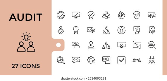 Conjunto de iconos de línea de auditoría. Contiene informe, cumplimiento, finanzas, contabilidad, análisis y más símbolos. Colección de Vector de línea. Trazo editable y píxel perfecto.