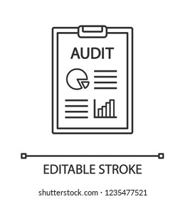 Audit linear icon. Auditor's report. Thin line illustration. Accounting and bookkeeping. Annual report and financial statements. Financial inspection. Vector isolated outline drawing. Editable stroke