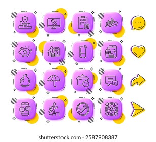 Audit, Loyalty points and Boiling pan line icons. App 3d buttons. Social media comment, share, like icons. Pack of Food order, Monitor repair, Refrigerator icon. Vector