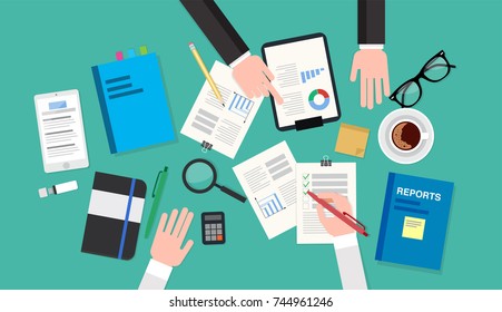 Audit meeting, top view of a desk with reports, documents, notepad, coffee cup, smartphone, pens and pencils. Vector illustration in flat style, template for business
