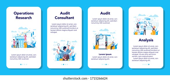 Auditar conjunto de banners de aplicación móvil. Investigación y análisis de operaciones comerciales. Inspección y análisis financieros. Ilustración vectorial plana aislada