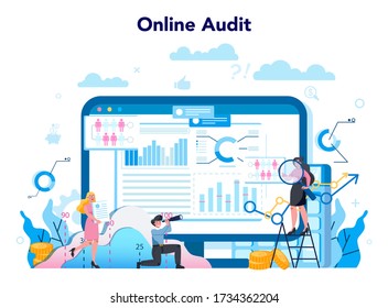 Audit online service or platform. Online business operation research and analysis. Financial inspection and analytics. Optimization and progress. Isolated flat vector illustration