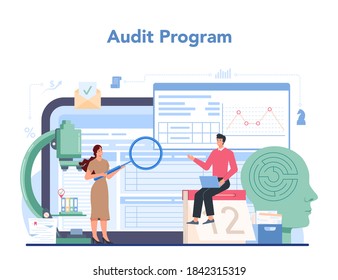 Audit online service or platform. Business operation research and analysis. Professional financial management. Online program. Isolated flat vector illustration