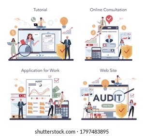 Auditar el servicio en línea o conjunto de plataformas. Investigación y análisis de operaciones empresariales. Gestión financiera profesional. Consulta en línea, tutorial, aplicación, sitio web. Ilustración del vector