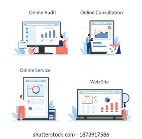 Audit online service or platform set. Business operation research and analysis. Financial inspection and analytics. Online audit, consultation, website. Isolated flat vector illustration