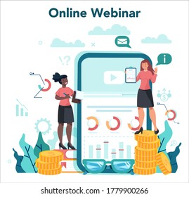 Audit online service or platform. Online webinar about business operation research and analysis. Isolated flat vector illustration