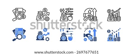 Audit, Optimization, Adjustment, Efficiency, Financial with two styles, line and duotone icon.