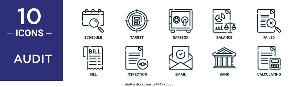 IconSet "Gliederung prüfen" umfasst Thin Line Schedule, Target, SafeBox, Balance, Failed, Bill, Inspection Icons für Report, Presentation, Diagram, Webdesign