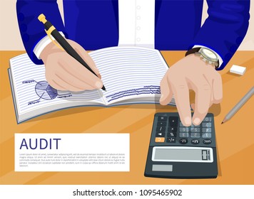 Audit poster man and calculator, notebook depicting pie data diagram, banner with text sample, person wearing suit isolated on vector illustration