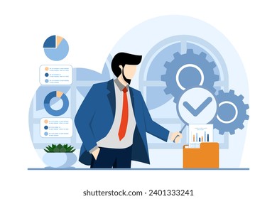 Audit process in business, Professionals evaluate financial records, Internal audit, third party verification, clear reports, Integrity, accuracy, transparency in finance, Flat vector illustration.