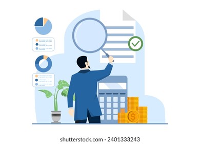 Audit process in business, Professionals evaluate financial records, Internal audit, third party verification, clear reports, Integrity, accuracy, transparency in finance, Flat vector illustration.