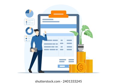 Proceso de auditoría en las empresas, los profesionales evalúan los registros financieros, auditoría interna, verificación por terceros, informes claros, integridad, exactitud, transparencia en las finanzas, ilustración plana vectorial.