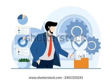 Audit process in business, Professionals evaluate financial records, Internal audit, third party verification, clear reports, Integrity, accuracy, transparency in finance, Flat vector illustration.
