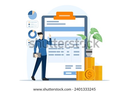Audit process in business, Professionals evaluate financial records, Internal audit, third party verification, clear reports, Integrity, accuracy, transparency in finance, Flat vector illustration.