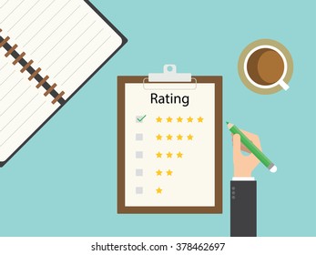 Audit rating clipboard. Flat design for business financial marketing banking advertising web concept cartoon illustration.