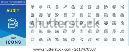 Audit related icon set. Document icon set. Line symbol and sign. It contains symbols to magnify, graph, finance, check, document, assessment. Pixel perfect. Editable stroke.