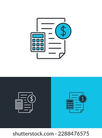 Audit report with calculator and coin. Accounting and budget control concept. Business vector icon on three different backgrounds.