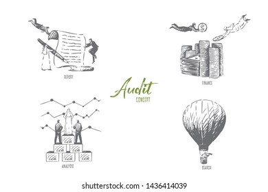Audit, report, finance, analysis, search concept sketch. Business partnership, market statistics inspection, arab businessman and businesswoman, financial literacy banner. Isolated vector illustration
