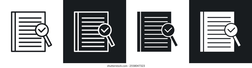Audit report icons pack in black and white filled and outlined versions.