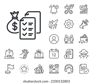 Audit report sign. Salaryman, gender equality and alert bell outline icons. Accounting wealth line icon. Check finance symbol. Accounting wealth line sign. Spy or profile placeholder icon. Vector