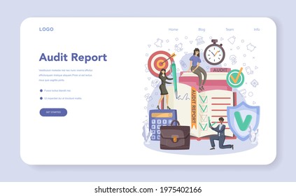 Audit report web banner or landing page. Business operation research and analysis. Professional financial management. Financial inspection and analytics. Isolated flat vector illustration