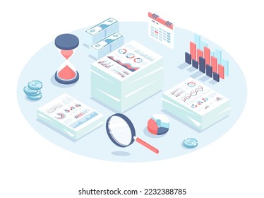 Audit, reports, accounting. Business inspection and analytics. Analysis of financial statements. Stacks of documents with graphs and charts. Vector illustration in 3d design. Isometric web banner.