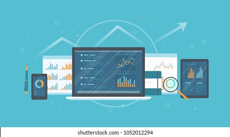 	
Audit, research, accounting, analysis concept. Web and online mobile service. Documents, charts graphs on screens of a laptop, phone, tablet, magnifying glass. Business background banner. Vector 