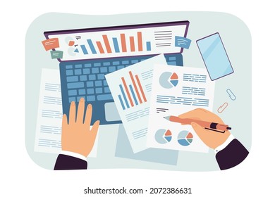 Investigación de auditoría de documentos de negocios por analista contable. Manos de trabajadores de oficina analizando gráficos de informes, estudiando con ilustraciones de vectores planas portátiles. Papeleo, concepto de tecnología analítica