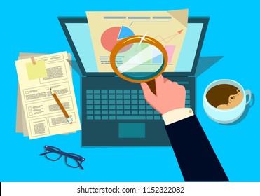 Audit research on computer vector illustration, flat cartoon paper financial report data analysis on pc. Vector illustration in a flat style.