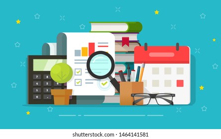 Audit research report analysing on desktop vector illustration, flat cartoon accountant or analytics work place, quality of fraud evaluation, education concept, statistics inspection or examination 