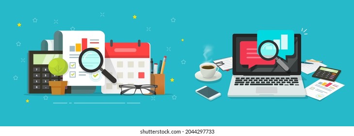 Prüfungsbericht mit Analysen von Verkaufsprotokollen oder Arbeitsplatzrechnern und digitalem Online-Zugriff auf Laptop-Computer-Vektorgrafik-Design-Illustration und flachen Cartoon-Designgrafik, Idee von Statistiken überprüfen