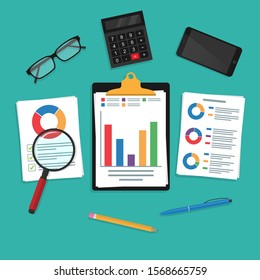 
Audit research vector icon, analysis of financial report data on paper, accounting analytics concept with charts and diagrams, checking expenses and income at workplace. Work desk.10 eps.