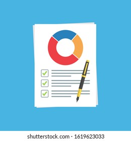 Audit research vector icon and ballpoint pen, financial report data analysis, accounting analytics concept with graphs and charts. Vector stock illustration isolated on blue background.10 eps.